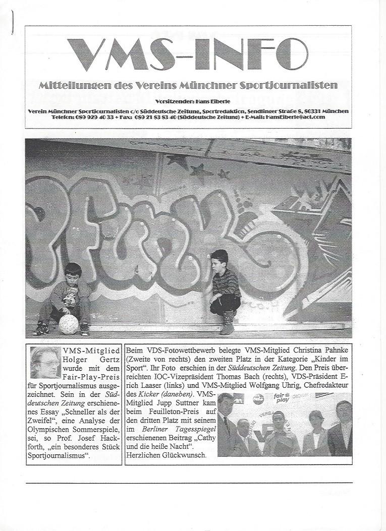 20 JAHRE VMS INFO VMS INFO m Jahr 2001 beschloss der Vorstand des VerIschlag eins Münchner Sportjournalisten (VMS) auf Vordes 1.