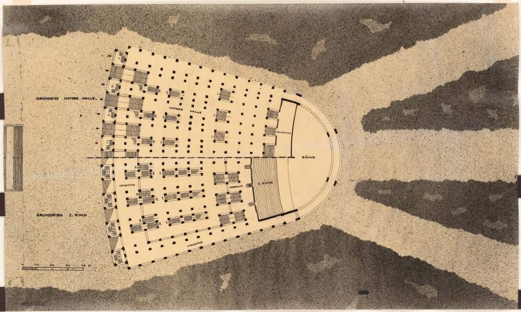 Abb. 3: Grundriss 1. Ring und untere Halle sollten die Menschen in der Schauburg nicht mehr nur als Zuschauer im Hintergrund wie im klassischen Theater oder in der Arena stehen.