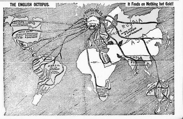 Karikatur von 1894 Der Islam verbietet das Berechnen von Zinsen, was für das Bankensystem der Rothschilds ein grosses Problem darstellt.