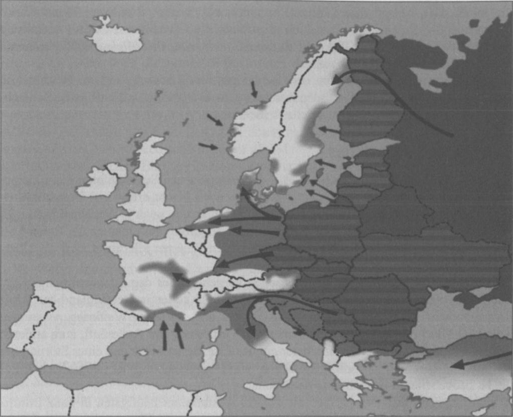 Abb. 1: Der Angriff auf Europa / vereinfachter Überblick Diese Europakarte fasst die Aussagen der europäischen Seher und Prophezeiungen zu den von russischen Bodentruppen eroberten Gebieten in Europa