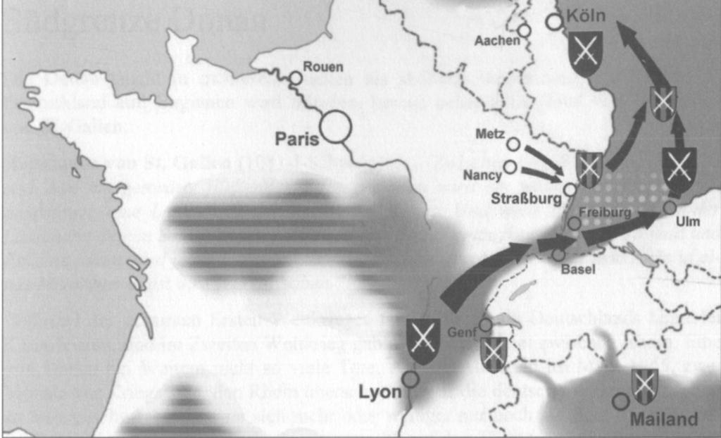 Abb. 15: Der russische Vorstoß nach Frankreich und Rückzug Eine Schlacht bei Lyon, ebenso wie einen Durchbruch der Russen durch die Burgundische Pforte, sah auch die Frau aus dem Füssener Raum.