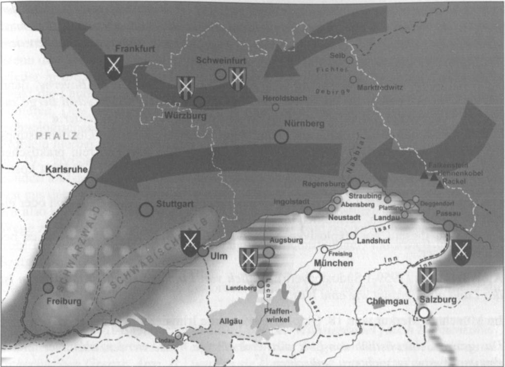 Abb. 18: Übersichtskarte Vorhersagen zu Kampfhandlungen und Kriegseinwirkungen in Bayern Schraffierte Flächen und Wappen kennzeichnen Elemente, die jeweils nur von einer Quelle erwähnt werden.