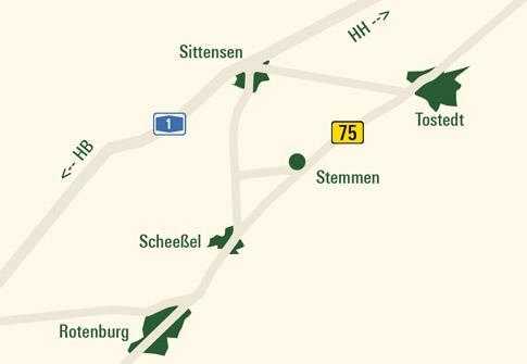 Ihr Weg zu uns! Mit dem Auto von Hamburg: Sie fahren die A1 bis zur Ausfahrt Sittensen. Ab hier sind es noch 14 km bis Stemmen. Von der Autobahnabfahrt fahren Sie Richtung Scheeßel / Rotenburg.