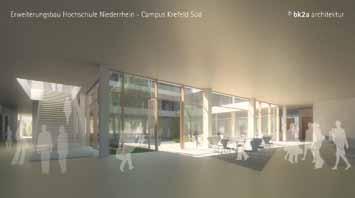 Text: Christian Sonntag Illustration: bk2a architektur Der so genannte Modulbau erweitert die Hochschule Niederrhein am Campus Krefeld Süd in westlicher Richtung entlang der Obergath.