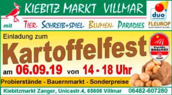 Villmar -12- Nr. 36/2019 Kartoffelfest im Kiebitzmarkt Zanger in Villmar Erweiterung des Angebots um frisches Gemüse Anzeige Fleischerfachgeschäft Ernst Stamm Fax 06475/8603 Tel. 06475/202 Tel.