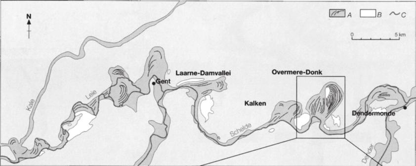 Fig. 2 Above: Lateglacial palaeo-meanders along the Lower Scheldt and Lower Lys Rivers: A palaeo-meanders with fossil scroll-bars; B river dunes; C present-day rivers.