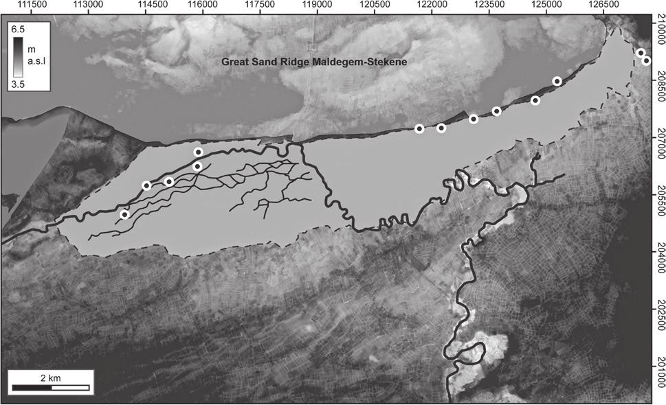 Fig. 4 Map of the Moervaart palaeo-lake through which the single-channel meandering River Kale / Durme runs (underlying map = digital elevation model; Lidar, AGIV 2001-2004).