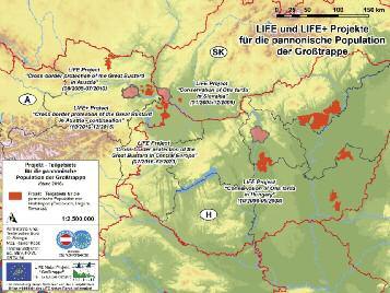 Projekt Teilgebiete in Österreich (A), Ungarn (H) und der Slowakei (SK).