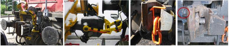 Abbildung 6: Von links nach rechts: SA3-Kupplung mit Rangieradapter für SK hochgeklappt und im Eingriff im Zughaken der SK, SA3 mit eingehängten SK-Adapter und SA3 mit zusätzlichem Horn (rot