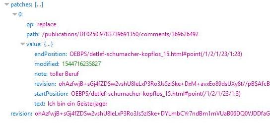Nachdem man die Notiz durch OK bestätigt hat, wird ein JSON-Paket (siehe Abbilding 29) mittels HTTP PATCH an eine URL (dieselbe wie oben auf Seite 37 beschrieben) geschickt.