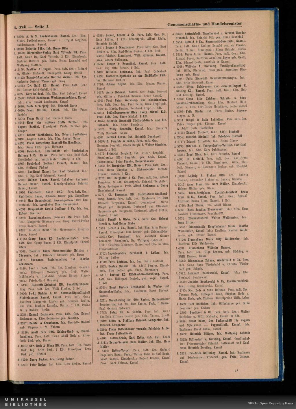 4. Teil Seite 3 Genossenschafts- und Handelsregister A 5850: A. 4 S. Baddenhausen,. Ges.: Kfm. Albert Baddenhausen, u. Drogist Siegfried Baddenhausen,. A 5282: Heinrich Bähr. Inh.