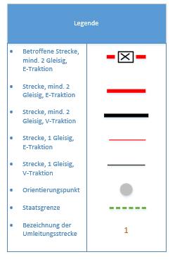 Übersicht der Umleitungsstrecken Nr Strecke Profil Traktionsart Betriebliche Zuglänge Streckenklasse Zugsicherung Grenzlast* Internationale Bezeichnung / Bemerkung 1 580m P/C 390 (P/C 60) 1: 1640t 2: