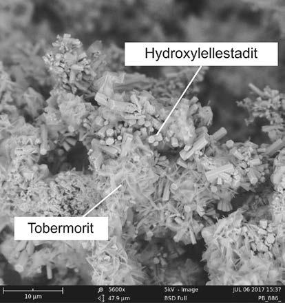 Bild 9. Mit Tobermorit verwachsene Hydroxylellestaditkristalle Fig. 9. Crystals of hydroxyellestadite intergrown with crystals of tobermorite Bild 11.
