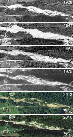 2 Ansatz 1 - Gerinneform 27 Bild 16 Schwarzwasser flussabwärts von Heubach. Orthofotos von 1928 bis 2016. Fliessrichtung von links nach rechts.