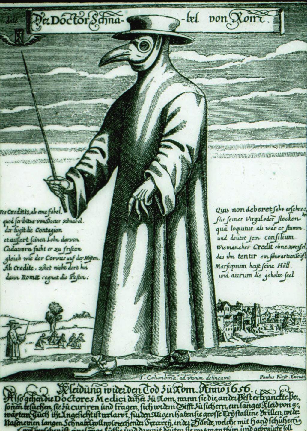 Pestarzt in Schutzkleidung, Kupferstich 1636.