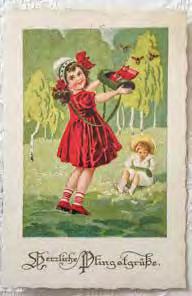 Postkarte um 1925 Fotos: Angelika Salzwedel Die beliebtesten Motive für Pfingstgrüße waren damals Maiglöckchen und Veilchen also Blumen, die im Mai blühen sowie Maikäfer, Vögel und Schmetterlinge.