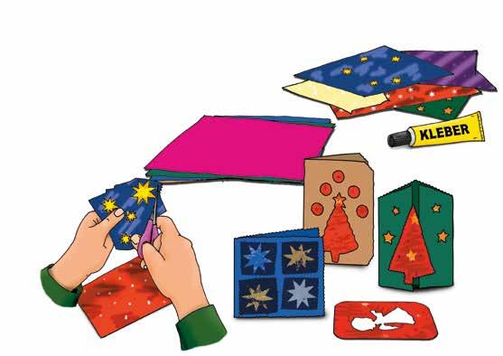 Weihnachten: Grußkarten Weihnachtspapier-Reste farbiges Tonpapier Schere, evtl.