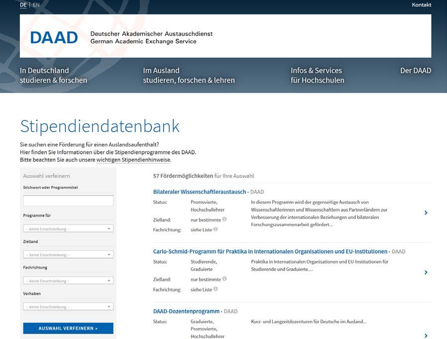 Weitere Fördermöglichkeiten DAAD-Stipendiendatenbank https://www2.daad.