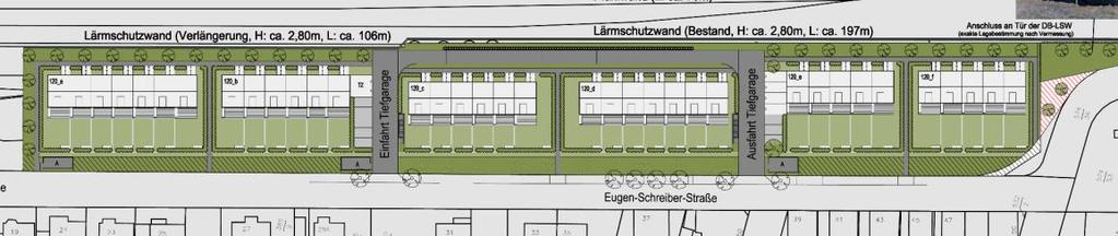 Die Baumreihe zwischen der Reihenhausbebauung und der geplanten Schallschutzwand im Norden wird südlich des Tiefgaragenbereichs bis zum Ersatzhabitat fortgeführt.