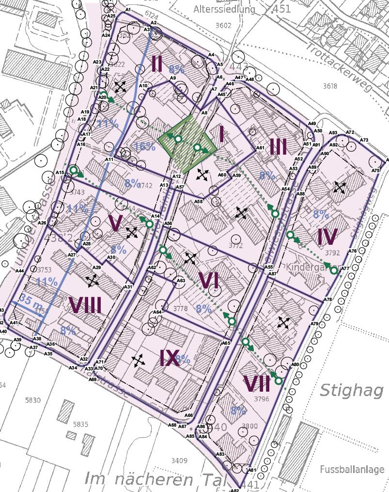 Quartiererhaltungszonenplan Im Quartiererhaltungszonenplan sind die Abgrenzungen der Nachbarschaften, die Gebäudeausrichtungen nach Nachbarschaft, der minimale Gewerbeanteil nach Gebiet, der