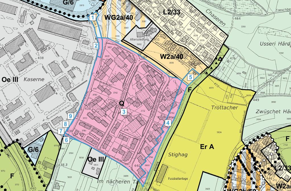 4.5 Änderung Zonenplan Die Wohn- und Gewerbezone WG2a soll in die Quartiererhaltungszone Q (Änderung 3) umgezont werden.