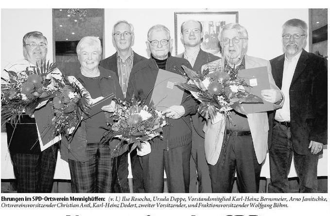 Urgesteine der SPD Mennighüffener Sozialdemokraten ehren vier Genossen für 40-jährige Mitgliedschaft Löhne (nw).