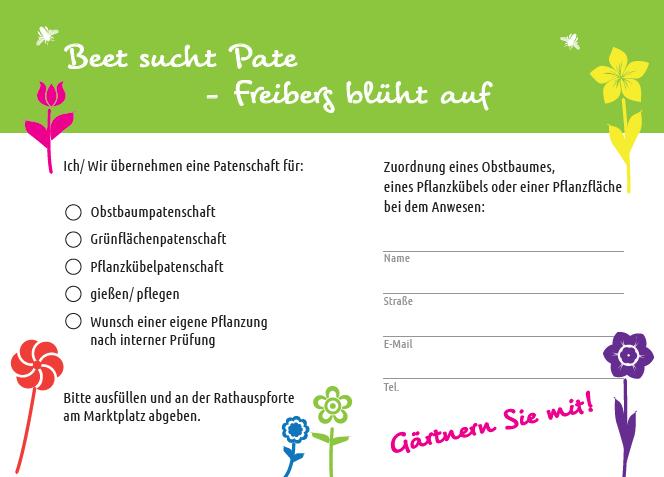 Grünpatenschaften Zusammen bei der Verteilung der Samentütchen werden Postkarten mit dem Aufruf Beet sucht Pate an Freiberger