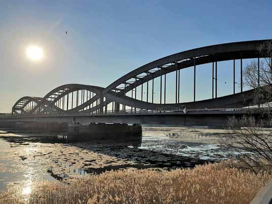 Neuen Elbbrücke. CORINNA CHATEAUBOURG Schriftsteller Klaus E. Spieldenner am Eingang Magdeburger Hafen: Zu Fuß haben wir die Abkürzung über die Magdeburger Brücke genommen.