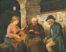 Bauer und Mönch vor ihren Weingläsern sitzend, lauschen einer Gitarrenspielerin. Gegenstück zur nachfolgenden Katalognummer. Oel auf Holz. 680, Mit in die frische Farbe eingeritzter Signatur.