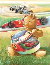 311 Racing. Helm haltender Teddybär vor Formel 1-Rennbahn. Farblithographie. 160, Expl. 74/250.