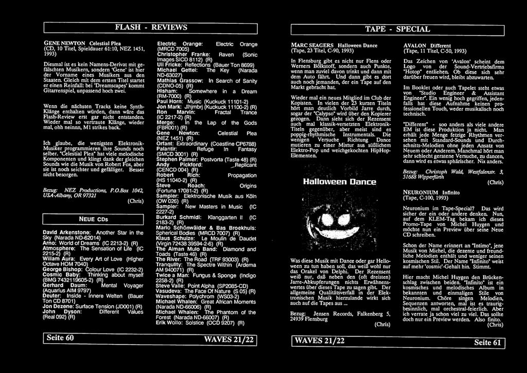 FLASH - REVIEWS TAPE - SPECIAL GENE NEWTON Celestial Plea (CD, 10 Titel, Spieldauer 61:10, NEZ 1451, 1993) Diesmal ist es kein Namens-Derivat mit ge fälschten Musikern, sondern Gene* ist hier der