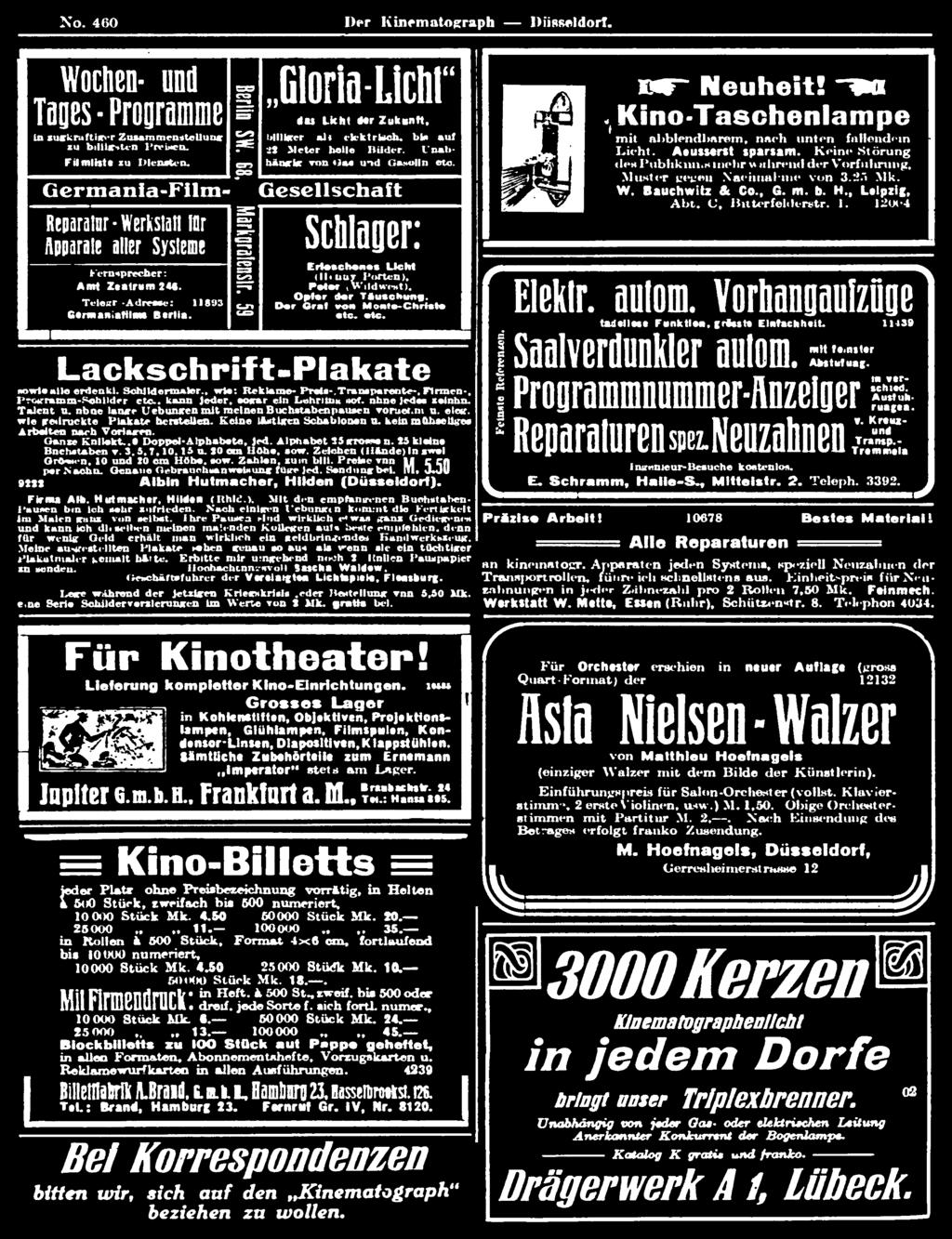 Mette, Esten (Ruhr). Schützen-tr. 8. Telephon 4034. Für Kinotheater!