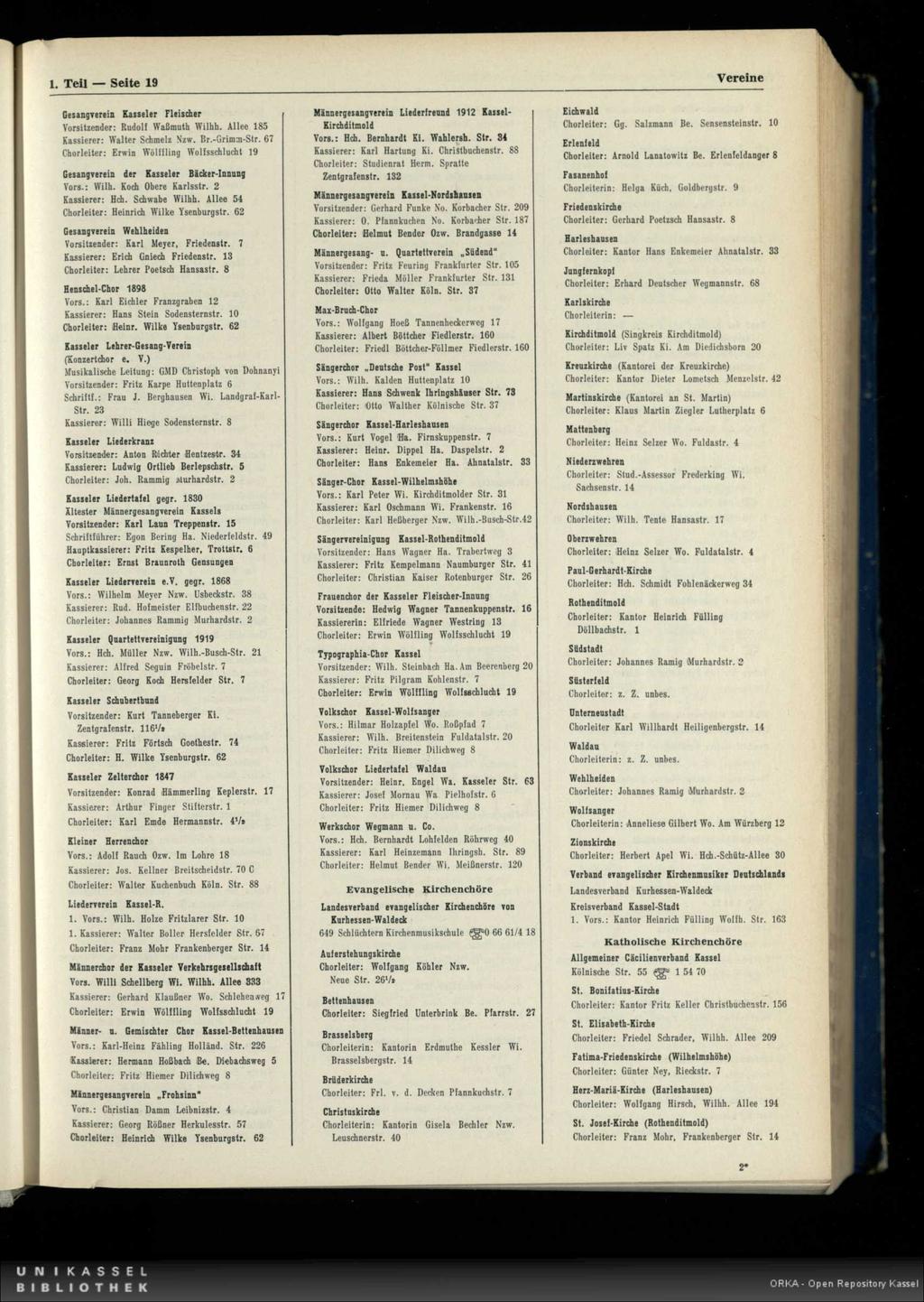 1. Teil Seite 19 Vereine Gesangverein Kasseler Fleischer Rudolf Waßmuth Wilhh. Allee 185 Kassierer: Walter Schmelz Nzw. Br.-Grimm-Str.