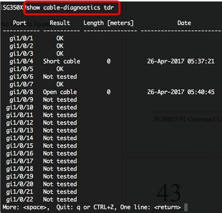 SG350X#show cable-length [interface interface interface-id] - Unbekanntes Testergebnis: Es ist ein Fehler aufgetreten. - Nicht getestet - TDR-Test wurde nicht am Port durchgeführt.