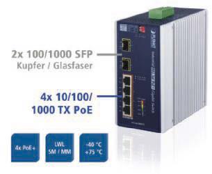 Produkte Mit Kupfer-, PoE+ und LWL-Ports Vielseitiger Gigabit-Ethernet-Switch Spectra: Der Gigabit-Ethernet-Switch IGS- 624HPT mit einer Kombination aus Kupfer-, PoE+ und LWL-Ports, sorgt für