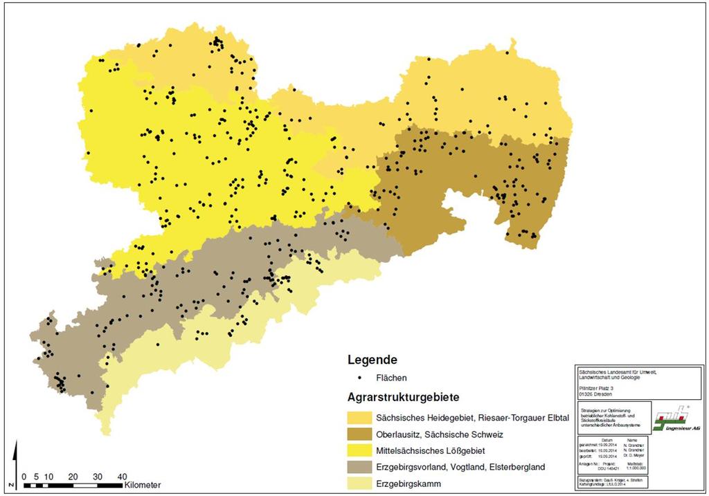 Die Verteilung der Testflächen auf die Agrarstrukturgebiete Sachsens gemäß WINKLER et al.