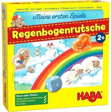 Bei Meine ersten Spiele Regenbogenrutsche von HABA lernen Kinder ab 2 Jahren ganz spielerisch die ersten Zahlen und die Farben des Regenbogens kennen.