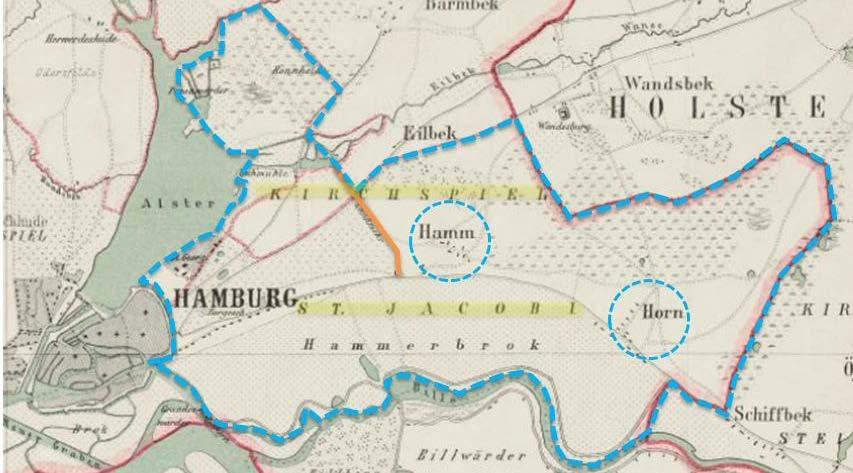 4. Urbane Entwicklung Abb. 20 Hamm- Horner Jurisdiktion um 1600 mit den beiden Kernsiedlungen Hamm und Horn (Kartengrundlage, Ausschnitt: Umgegend von Hamburg 1600. Gaedechens, Cipriano Francisco.