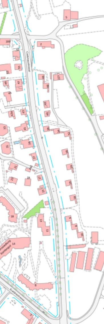 «Sammelstrasse»). Abb. 4: Ausschnitt GEP (Stadt Chur) Baulinie Entlang der Cadonaustrasse bestehen rechtsgültige Baulinien (hellblaue Strichpunktlinie). Diese gehen den Grenzabständen vor. D.h., es darf bis an die Baulinien gebaut werden.