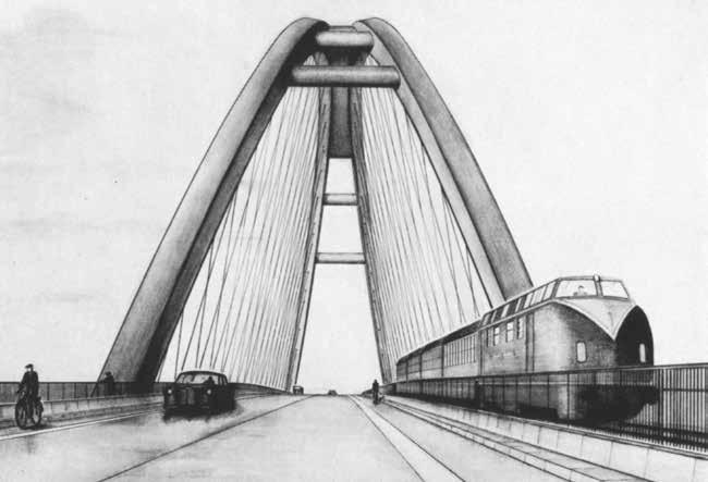 Brücke über den Fehmarnsund (1963, mit den Ingenieuren der Gutehoffnungshütte Sterkrade AG, Oberhausen: Stoltenburg, Fischer, Wild) [19] Die mittlerweile zum Wahrzeichen von Fehmarn und