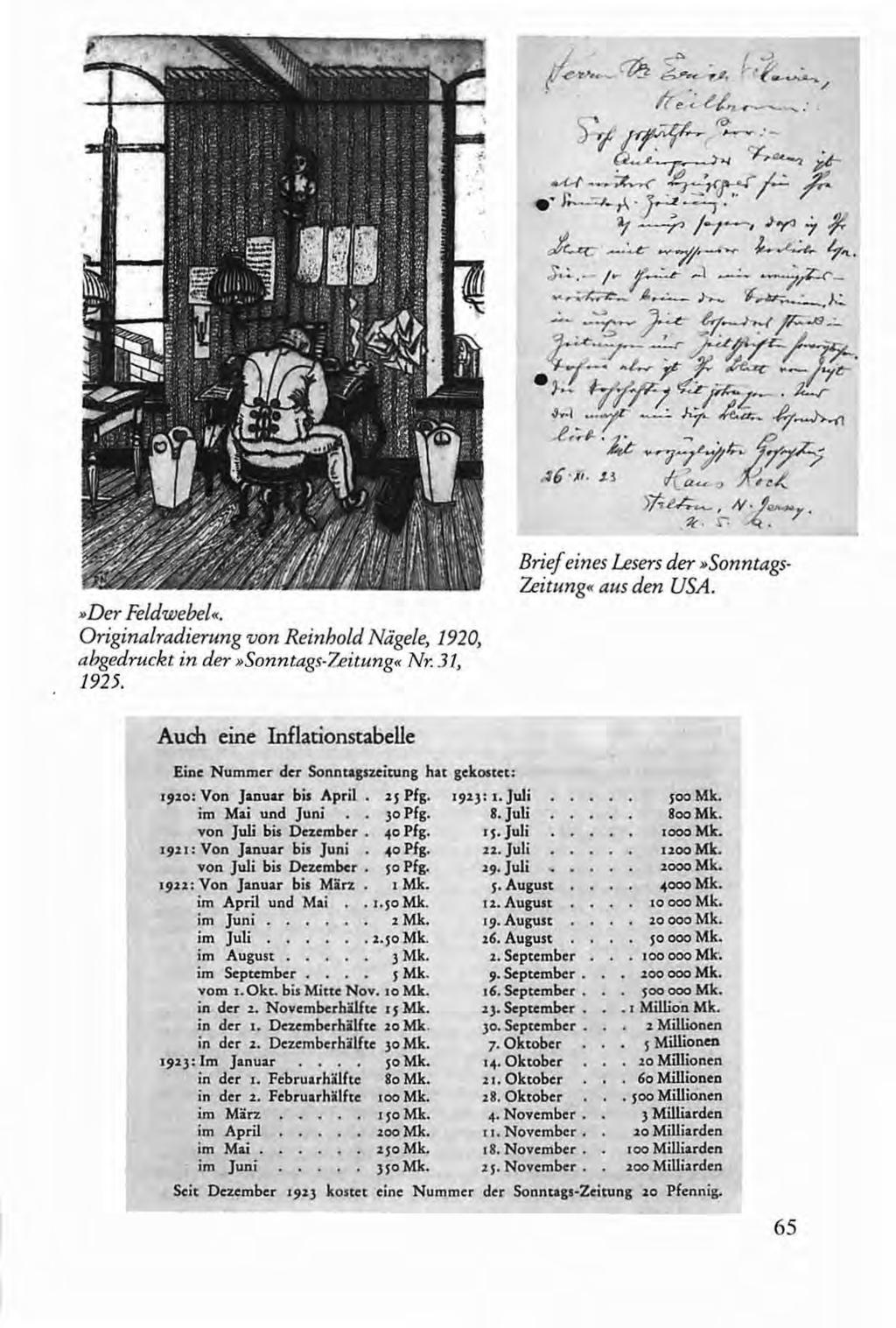 »Der Feldwebel«. Originalradierung von Reinhold Nägele, 1920, abgedruckt in der»sonntags-zeitung«nr. 31, 1925. Brief eines Lesers der»sonntags Zeitung«aus den USA.