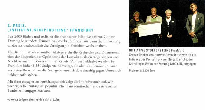 STOLPERSTEINE FRANKFURT 7 Preis der Stiftung Citoyen Im