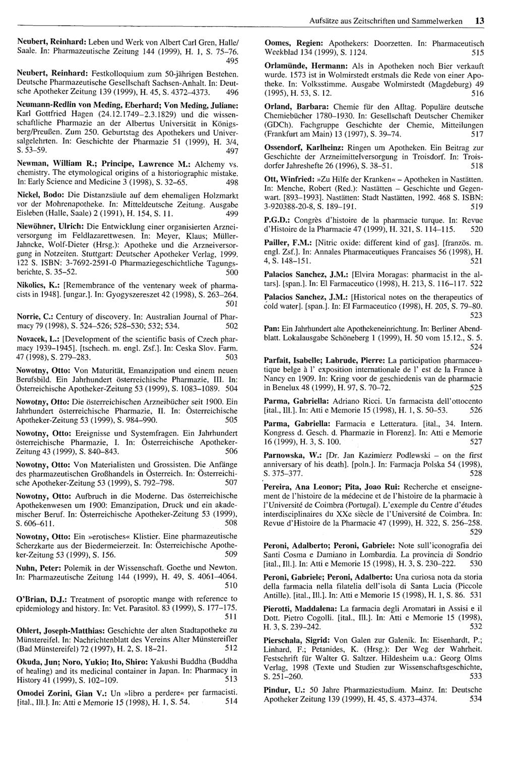 Aufsätze aus Zeitschriften und Sammelwerken 13 Neubert, Reinhard: Leben und Werk von Albert Carl Gren, Halle/ Saale. In: Pharmazeutische Zeitung 144 (1999), H. 1, S. 75-76.