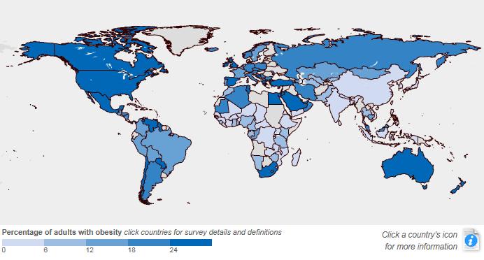 Abbildung 5: Prävalenz von Adipositas bei Erwachsenen in % weltweit (vgl.