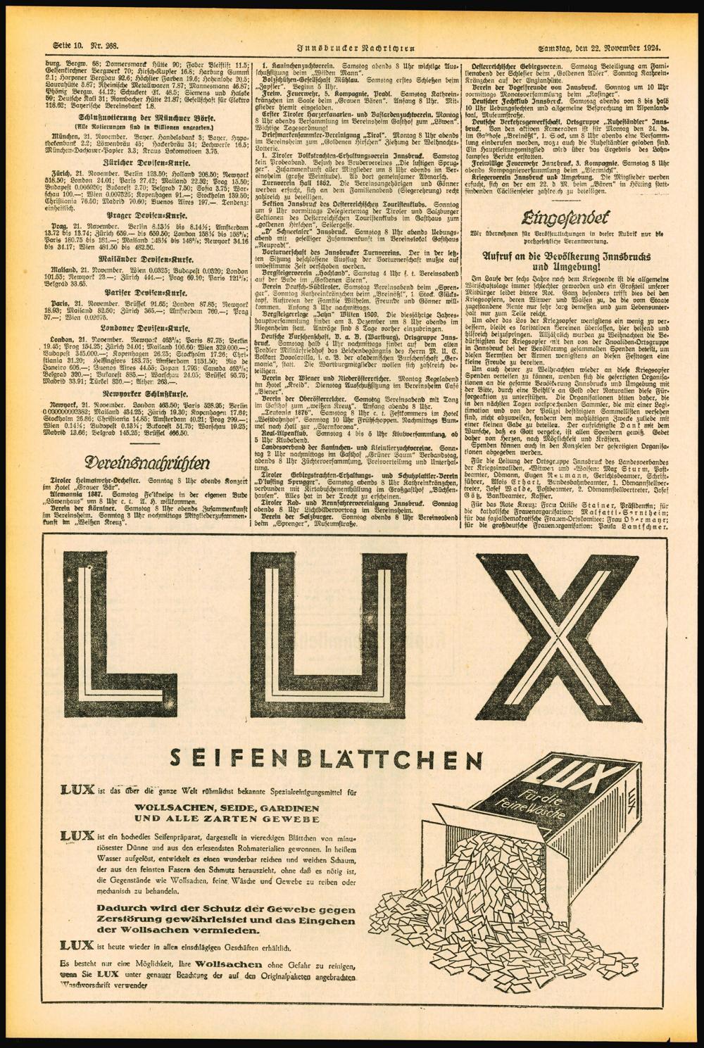 Seite 10. Nr. 268, Innsbrucker Nachrichten Samstag, den 22. November 1924. Lura, Bcrpx 68; Donnersmarck HM«90; Faber Bleistift 11.5; Gelsen kirchner Bergwerk 70; chirsch-kupfer 16.8; Harburg Gummi ß.