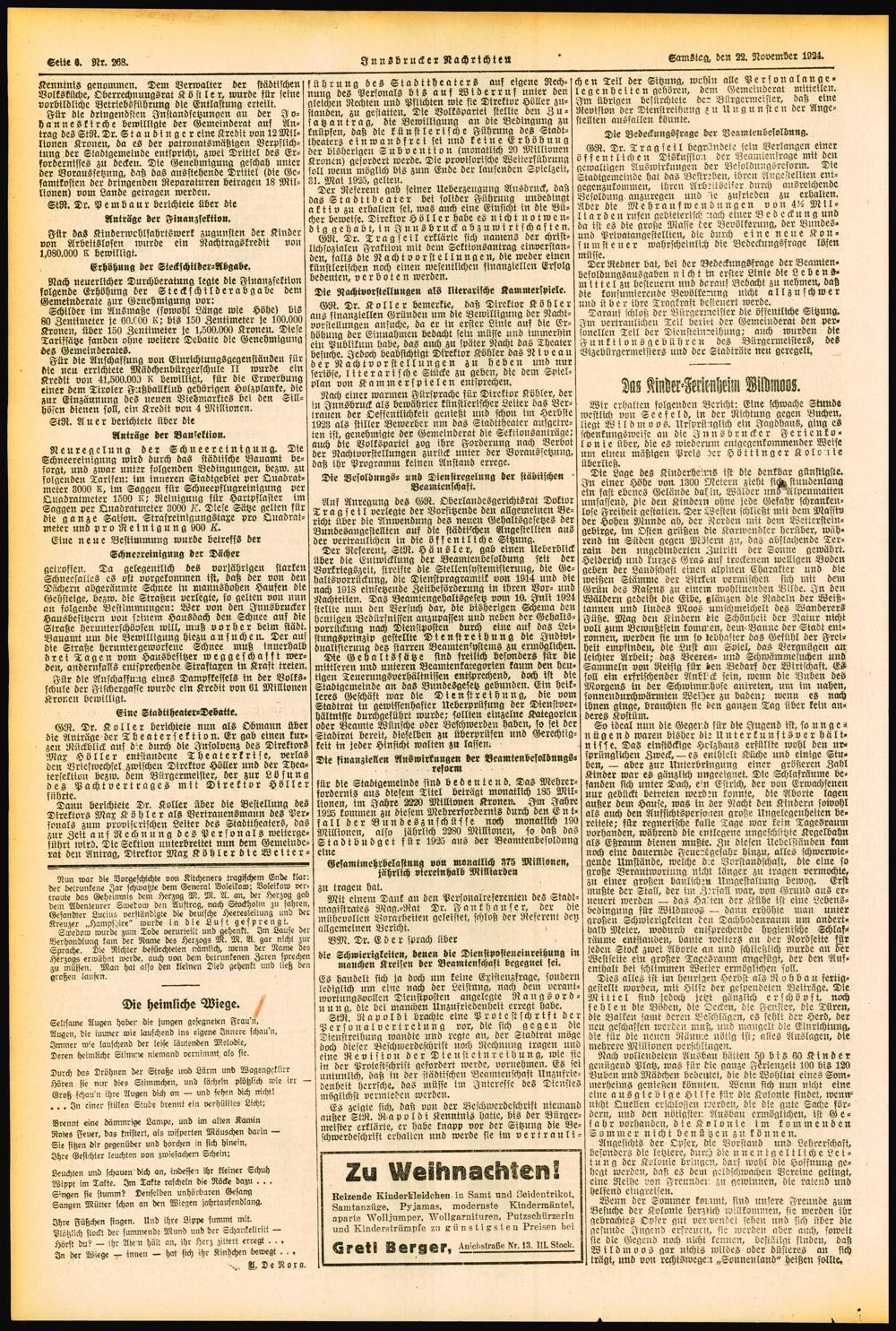 Seite S. Nr. 268. Innsbrucker Nachrichte«Samstag, den 22. November 1924. Kenntnis genommen.