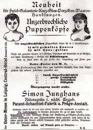 Werbeazeige aus der Zeitschrift Papier-Zeitung 1885 Werbeprospekt für aus Pappe gepresste unzerbrechliche Puppenköpfe für die Leipziger Oster-Messe 1895, eine der ersten Mustermessen in Leipzig 9