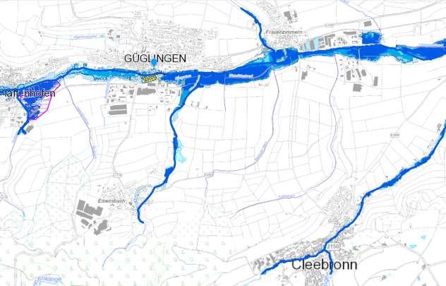 3.11 Durch Überflutung oder Hochwasser gefährdete Bereiche Hochwassergefahrenkarten HQ 100, Überflutungsbereich bei 100-jährigem HW (Quelle: LFU-Baden-Württemberg) Güglingen liegt im Tal der Zaber,