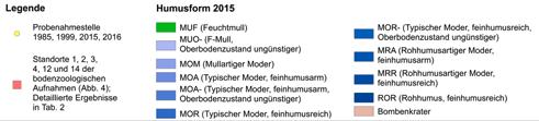 2) (Ad-hoc AG Boden 2005; Arbeitskreis Standortskartierung 2016; AG Humusformen o. J.). 150 Zentimeter mächtigen Flugsanddecken im Ostteil der Naturwaldzelle (Abb.