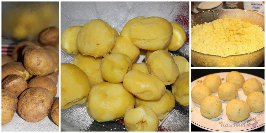 Die Kartoffeln am besten am Vortag kochen. Schälen, abwiegen und mit der Küchenmaschine mit feiner Reibscheibe durchpressen.
